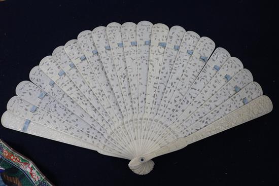 Two Canton ivory fans and a silver and ivory page turner, late 19th/early 20th Century